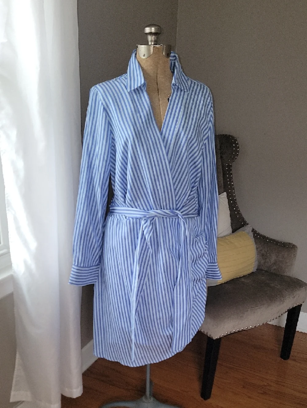 Tahari ASL Striped Wrap Shirtdress in Light Blue - Picture 7 of 11